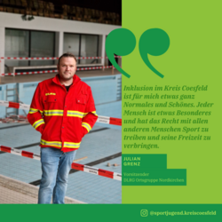 Vorsitzender DLRG Ortsgruppe Nordkirchen Julian Grenz mit den Worten:"Inklusion im Kreis Coesfeld ist für mich etwas ganz normales und schönes.Jeder Mensch ist etwas besonderes und hat das Recht mit allen anderen Menschen Sport zu treiben und seine Freizeit zu verbringen."